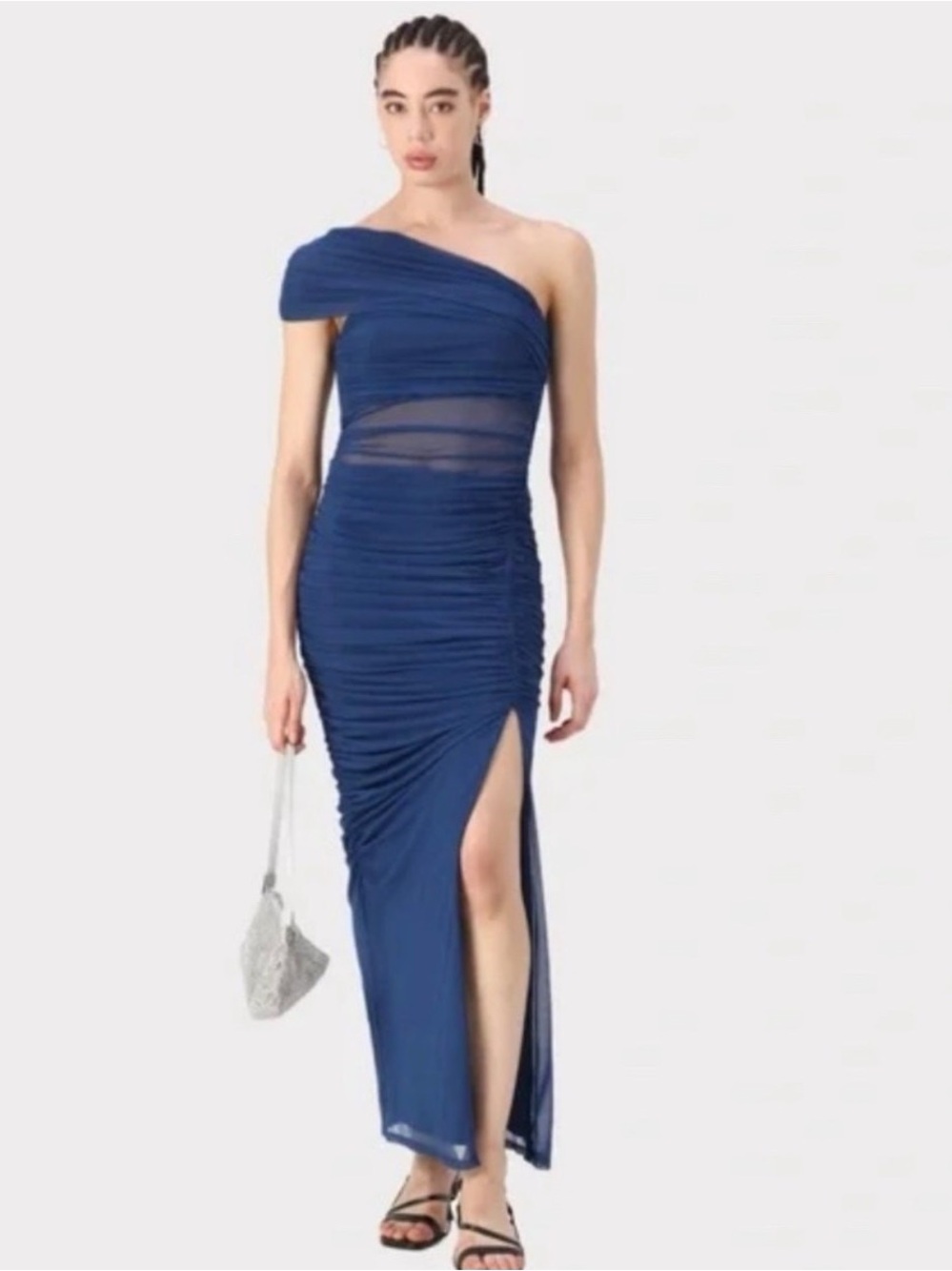 Abercrombie & Fitch One-Shoulder Navy Ruched Maxi Dress with Sheer Midriff